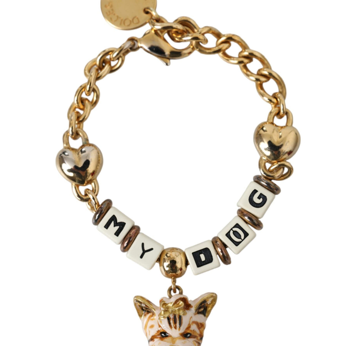 DOLCE & GABBANA : Bracelet Chaîne Dorée "MY DOG" avec Charms Cœurs et Visage de Chien Émaillé