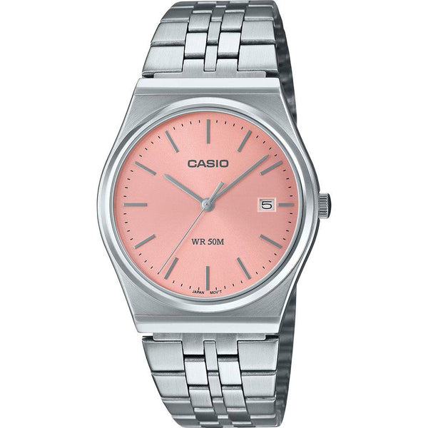 CASIO Unisex Silver Steel Watch with Pink Dial - Retro and Elegant Design