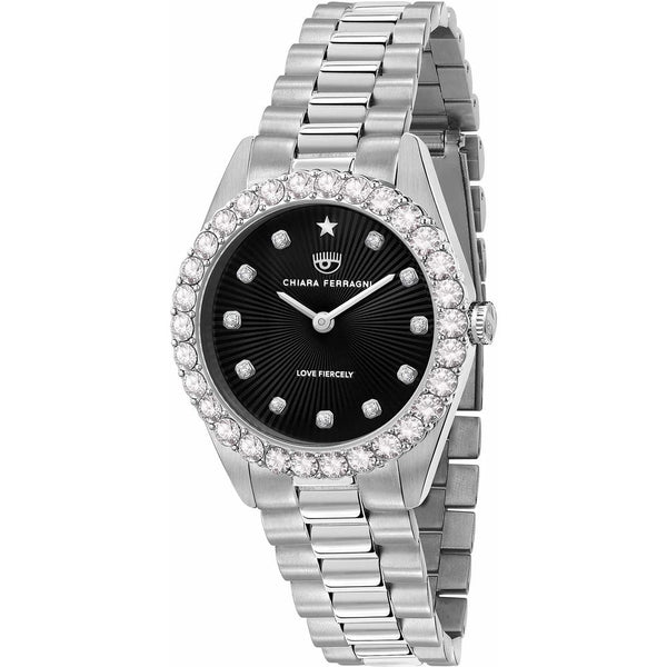 CHIARA FERRAGNI Everyday Watch with Black Dial and Rhinestone Bezel - Glamorous and Trendy