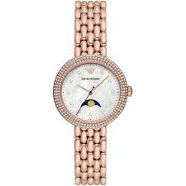 ARMANI Women's Rose Gold Stainless Steel Watch - Mother of Pearl Dial and Moon Indicator