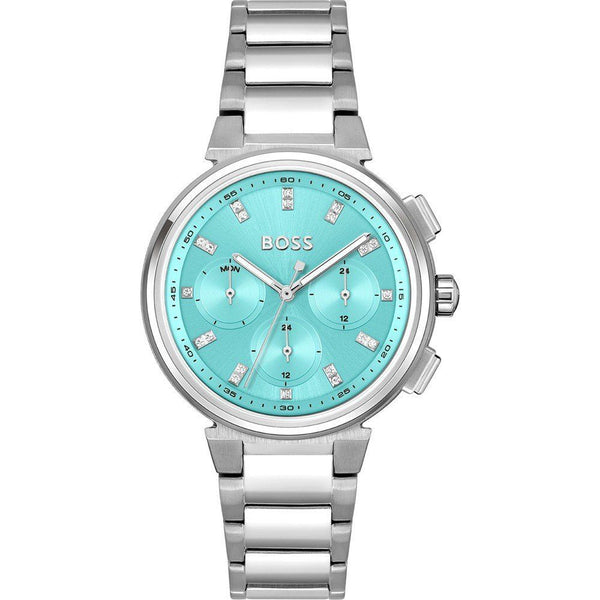 HUGO BOSS Women's "Attitude" Watch in Silver Stainless Steel - Turquoise Dial and Crystals