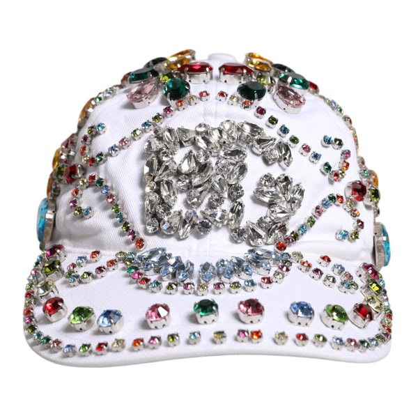 DOLCE & GABBANA: White Baseball Cap Decorated with Multicolored Crystals - Cotton & Elastane - Made in Italy