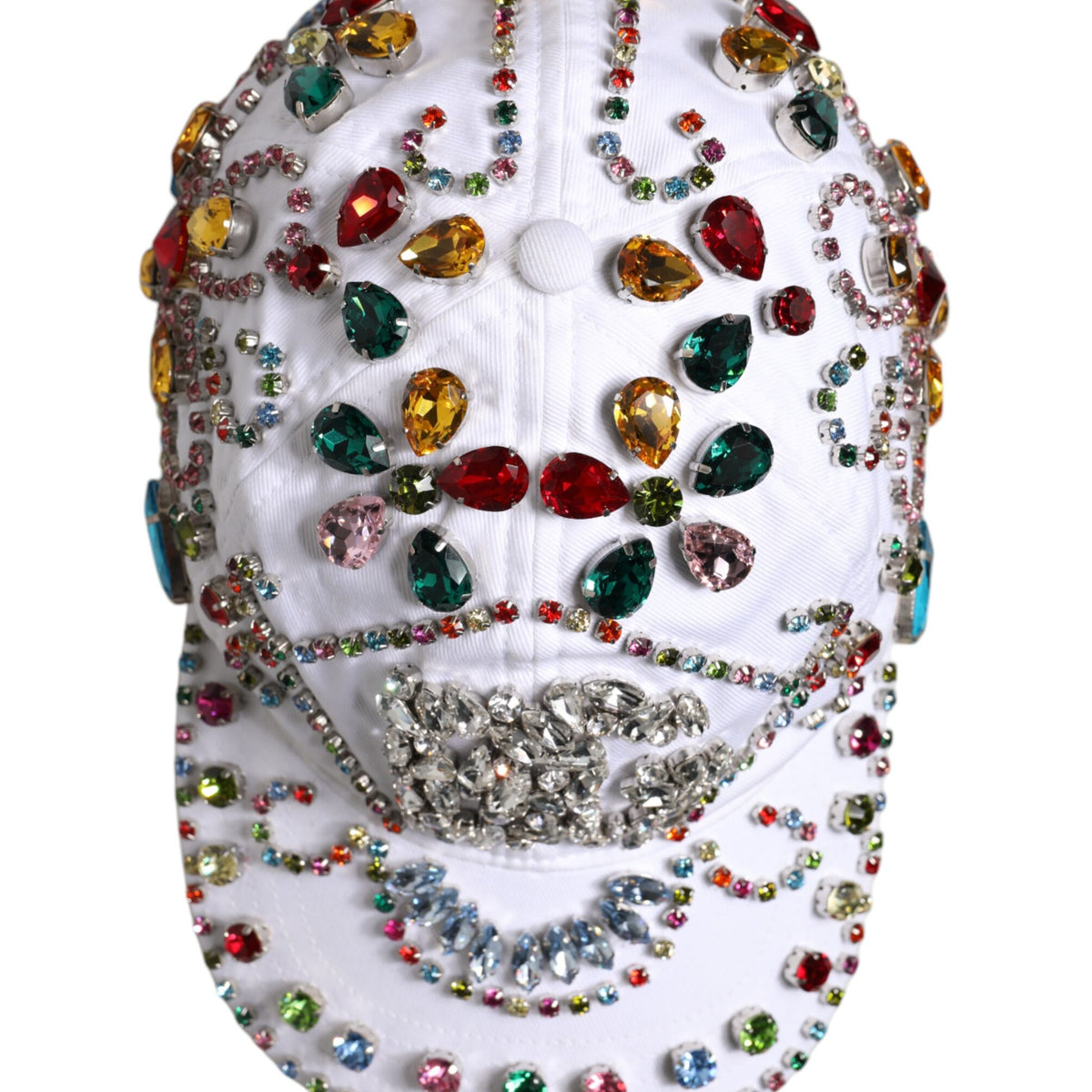 DOLCE & GABBANA : Casquette Baseball Blanche Ornée de Cristaux Multicolores - Coton & Élasthanne - Made in Italy