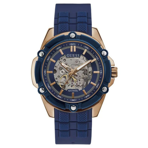 GUESS BOLT: Men's Automatic Watch with Rose Gold Case and Navy Blue Silicone Strap - Skeleton Dial