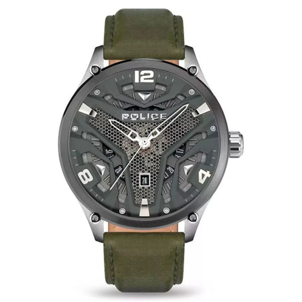 POLICE PL15662XSQS/02 : Montre Quartz Homme 52mm avec Boîtier Acier Gris et Bracelet Cuir Vert