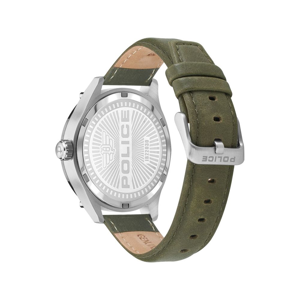 POLICE PL15662XSQS/02 : Montre Quartz Homme 52mm avec Boîtier Acier Gris et Bracelet Cuir Vert