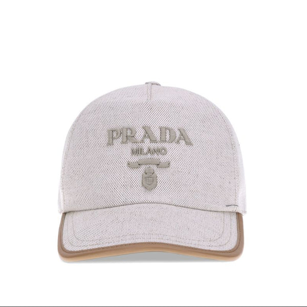 PRADA: Linen Blend Baseball Cap with Embossed Logo – Beige & Leather Trim – Made in Italy