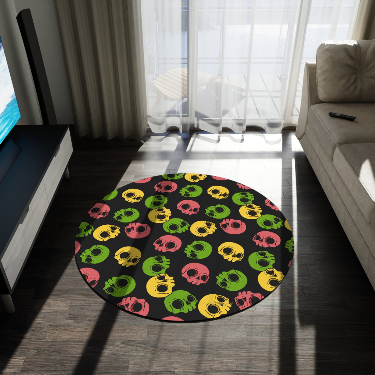 Round Rug or Wall Decoration, Multicolored Head to Head – “Pop Skull Party”