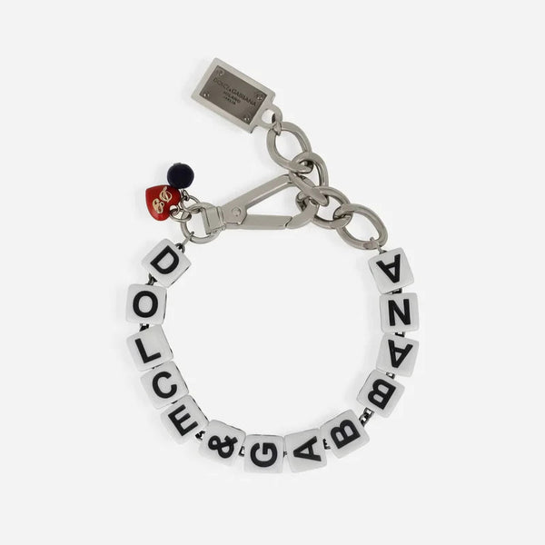 DOLCE & GABBANA: Silver Chain Bracelet, "DOLCE & GABBANA" Dice and Logo Charm