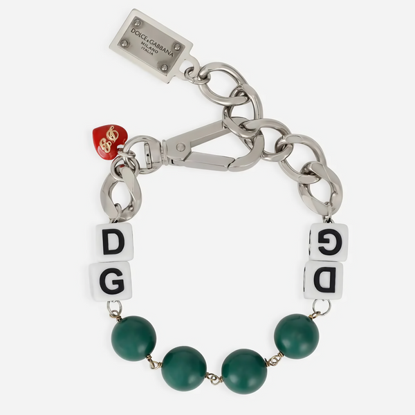 DOLCE & GABBANA: Silver Chain Bracelet, "DG" Dice and Green Beads - Chic
