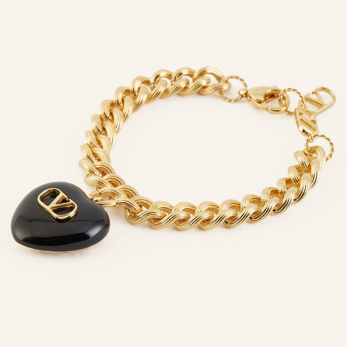 VALENTINO GARAVANI: "Royal Heart" Chain Bracelet in Gold &amp; Black - VLogo Heart Pendant - Made in Italy