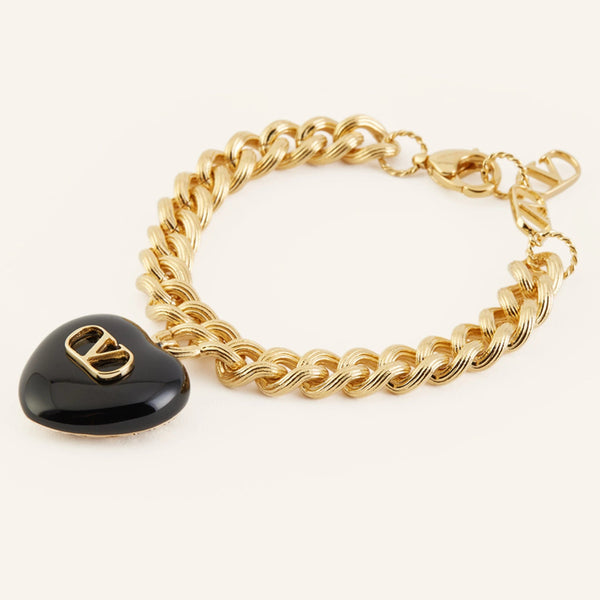 VALENTINO GARAVANI : Bracelet Chaîne "Coeur Royal" Doré & Noir - Pendentif Cœur VLogo - Fabriqué en Italie