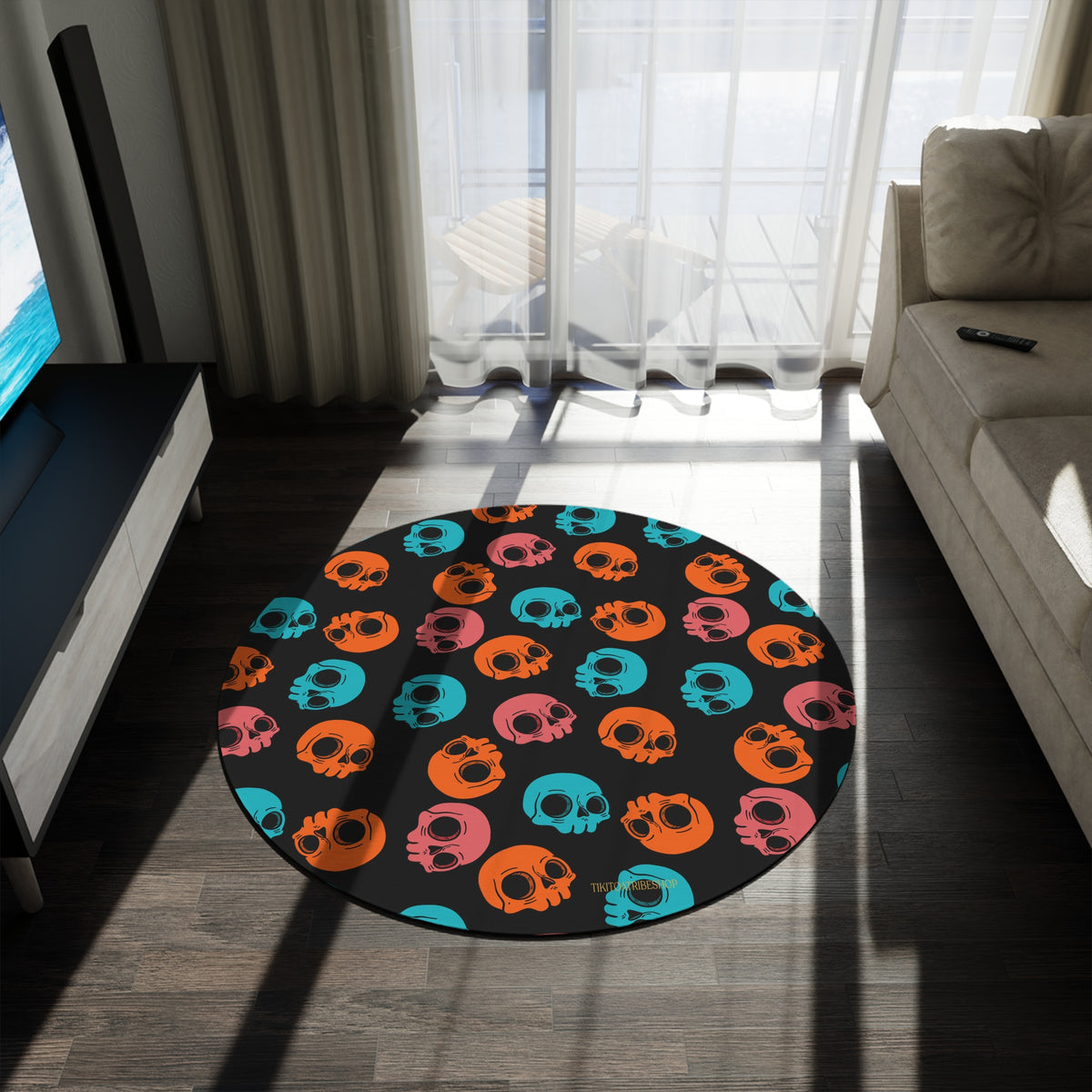 Round Rug or Wall Decoration, Multicolored Head to Head – “Pop Skull Party”