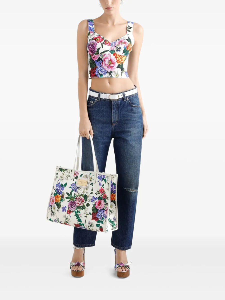 DOLCE & GABBANA Grand sac porté épaule en tissu fleuri et cuir de veau – Élégance italienne