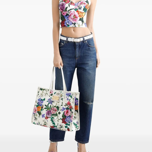DOLCE & GABBANA Grand sac porté épaule en tissu fleuri et cuir de veau – Élégance italienne