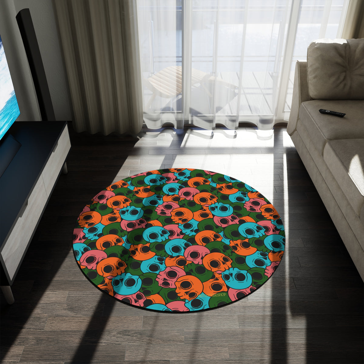 Round Rug or Wall Decoration, Multicolored Head to Head – “Pop Skull Party”