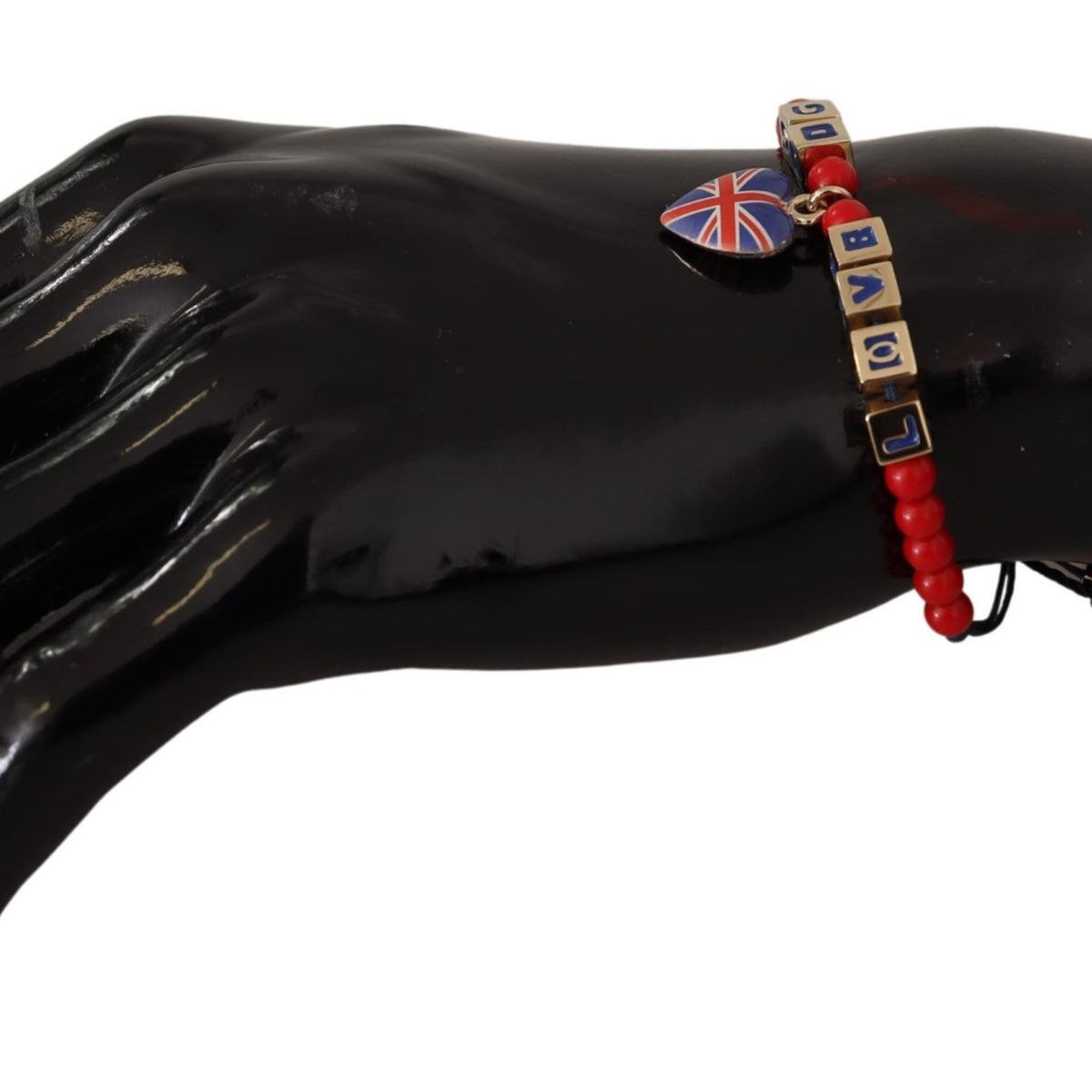 DOLCE & GABBANA : Bracelet "LOVE DG London" Perles Rouges et Cœur Union Jack - Style Urbain Élégant