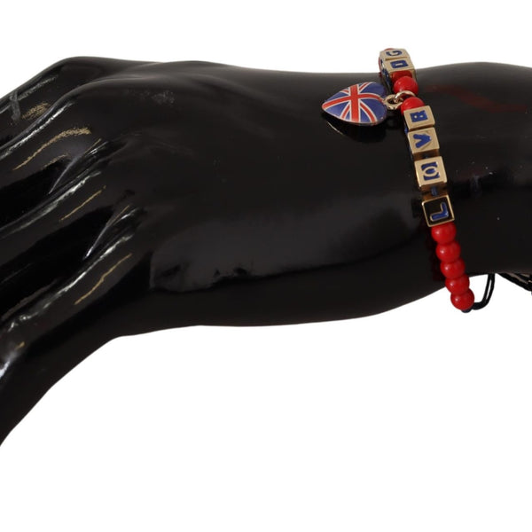 DOLCE & GABBANA : Bracelet "LOVE DG London" Perles Rouges et Cœur Union Jack - Style Urbain Élégant