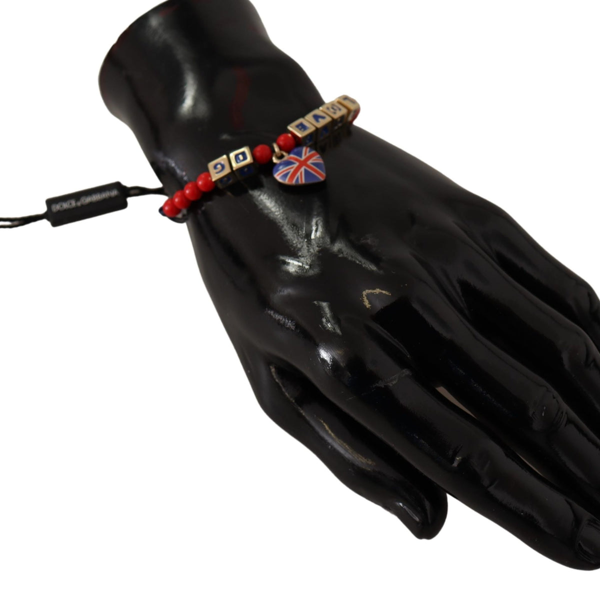 DOLCE & GABBANA : Bracelet "LOVE DG London" Perles Rouges et Cœur Union Jack - Style Urbain Élégant