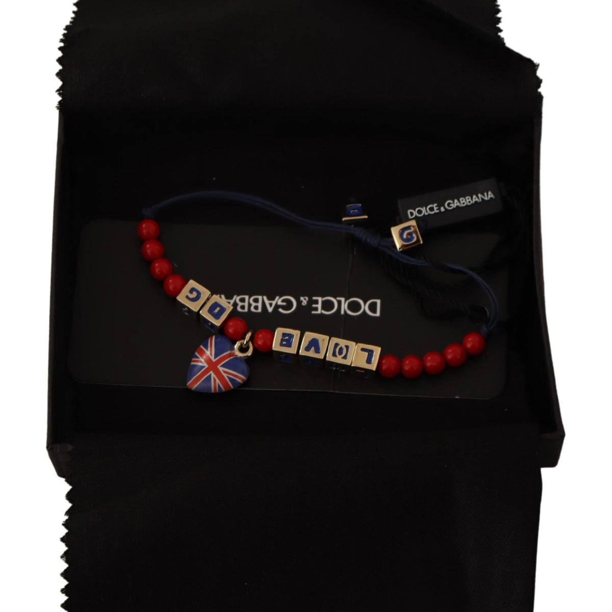 DOLCE & GABBANA : Bracelet "LOVE DG London" Perles Rouges et Cœur Union Jack - Style Urbain Élégant