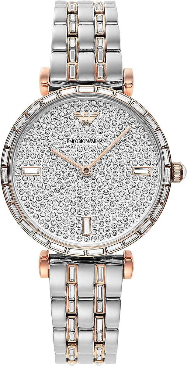 ARMANI Montre Femme "Gianni T-Bar" Emporio Armani PVD Or Rose et Cristaux