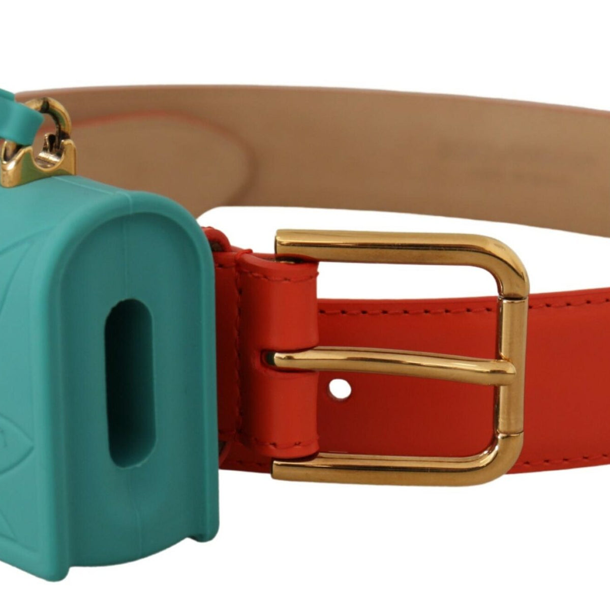 DOLCE & GABBANA Ceinture en Cuir Orange avec Étuis Écouteurs Mini-Sac Devotion.