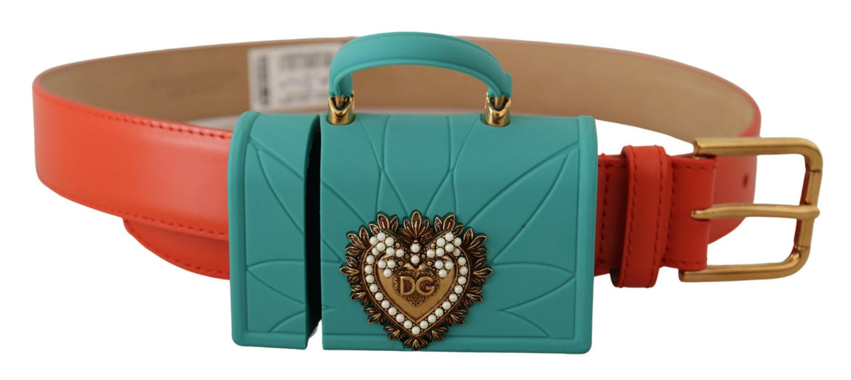 DOLCE & GABBANA Ceinture en Cuir Orange avec Étuis Écouteurs Mini-Sac Devotion.