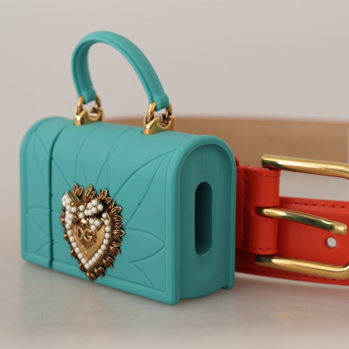 DOLCE & GABBANA Ceinture en Cuir Orange avec Étuis Écouteurs Mini-Sac Devotion.