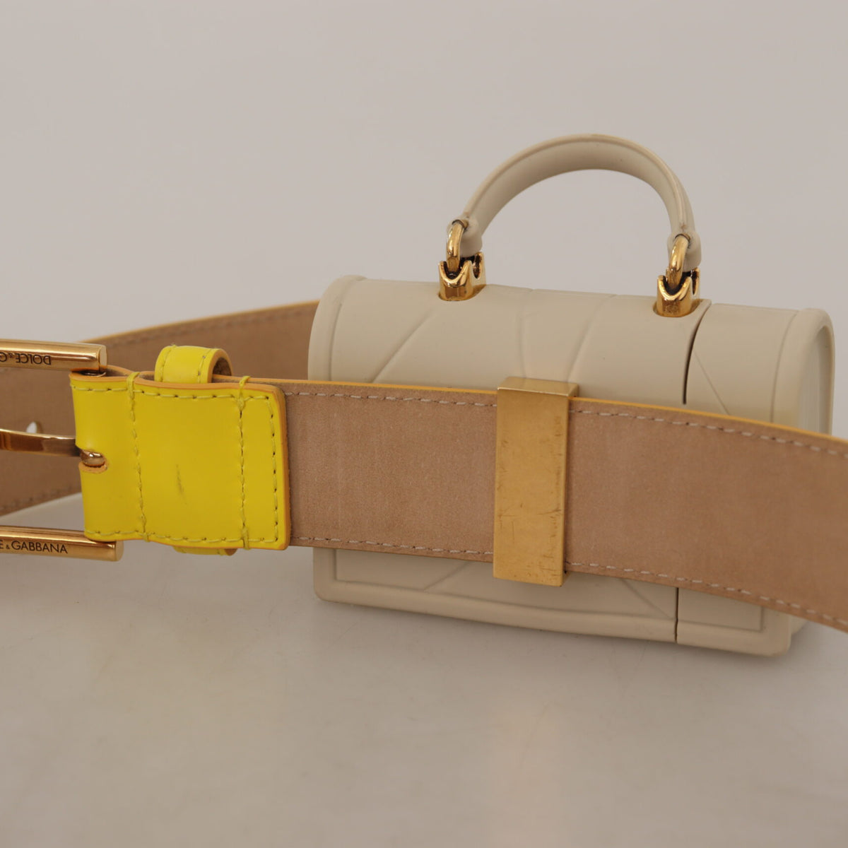 DOLCE & GABBANA Ceinture en Cuir Jaune avec Étui Écouteurs Micro Devotion