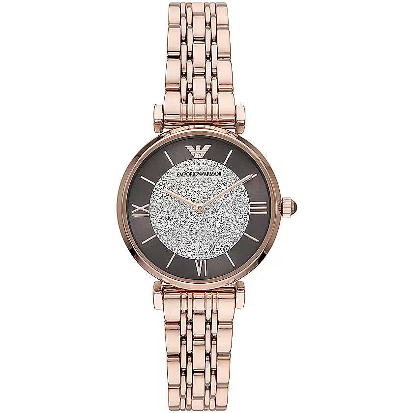 ARMANI "Gianni T-Bar" Emporio Armani Rose Gold &amp; Brown Glitter Dial Watch - Feminine Refinement