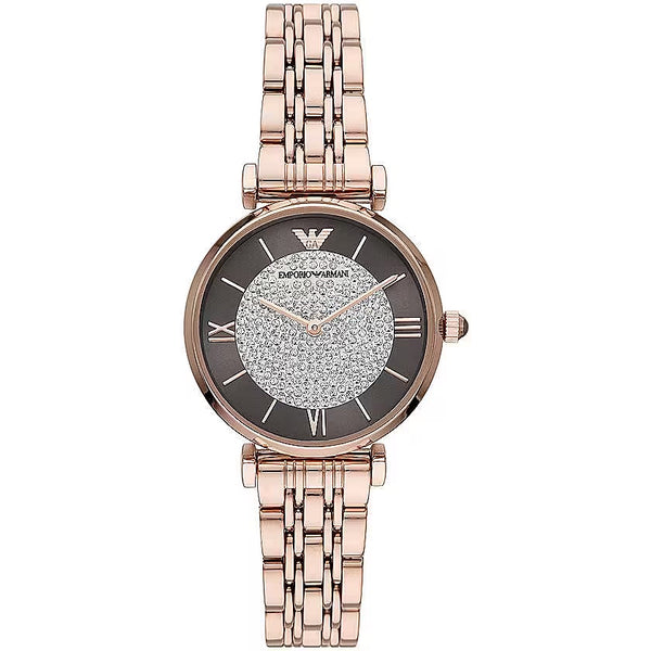ARMANI "Gianni T-Bar" Emporio Armani Rose Gold &amp; Brown Glitter Dial Watch - Feminine Refinement