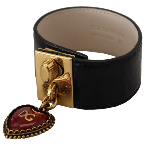DOLCE &amp; GABBANA: Luxurious Black Leather Bracelet, Gold Clasp and Charms