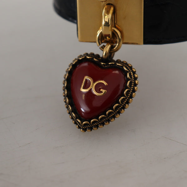 DOLCE &amp; GABBANA: Luxurious Black Leather Bracelet, Gold Clasp and Charms