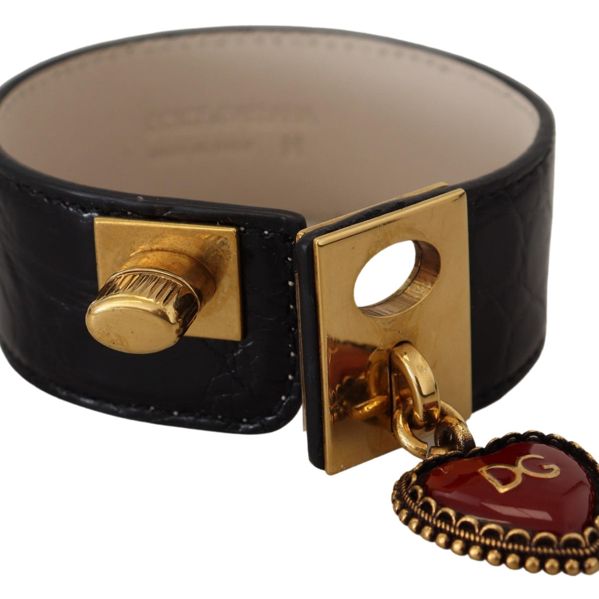 DOLCE &amp; GABBANA: Luxurious Black Leather Bracelet, Gold Clasp and Charms