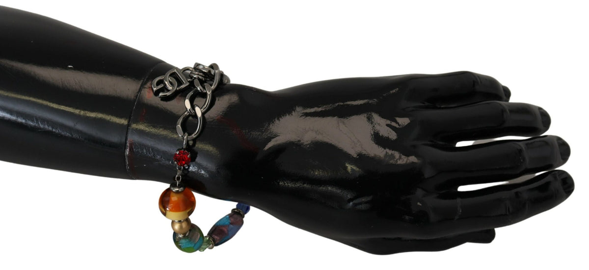 DOLCE & GABBANA : Bracelet Chaîne Argentée, Perles Multicolores et Murrines de Verre - Élégance Italienne