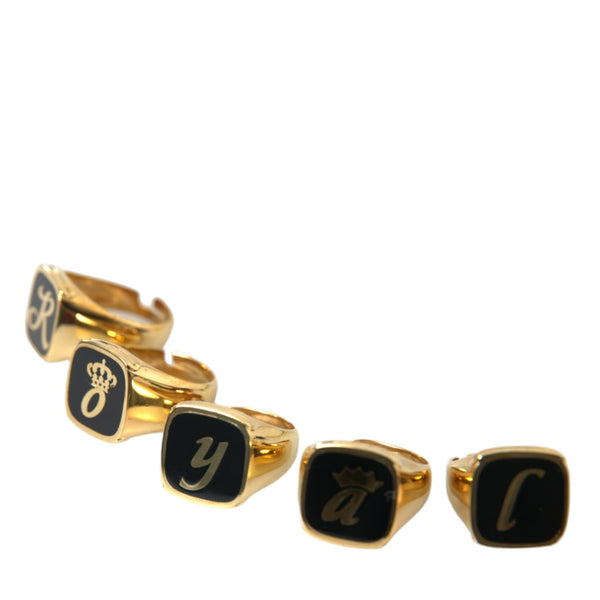 Set of 5 Dolce &amp; Gabbana "ROYAL King's Code" Signet Rings in Gold-Plated Brass and Black Enamel