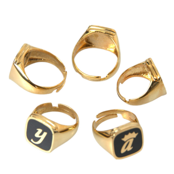 Set of 5 Dolce &amp; Gabbana "ROYAL King's Code" Signet Rings in Gold-Plated Brass and Black Enamel
