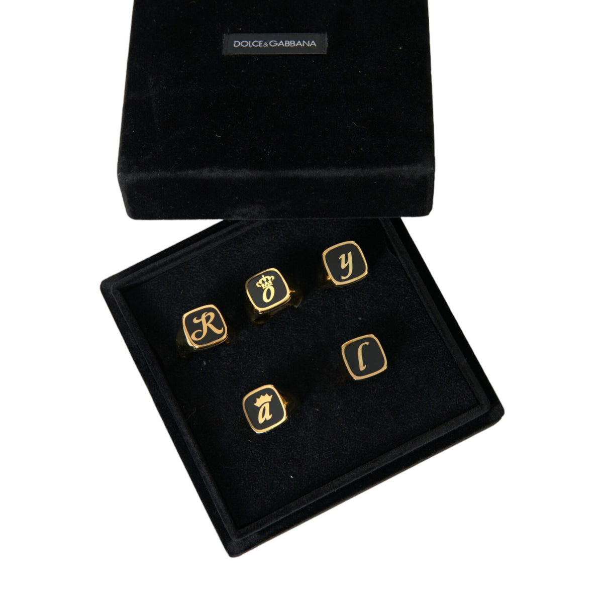 Ensemble de 5 Bagues Signet Dolce & Gabbana "ROYAL King's Code" en Laiton Doré et Émail Noir