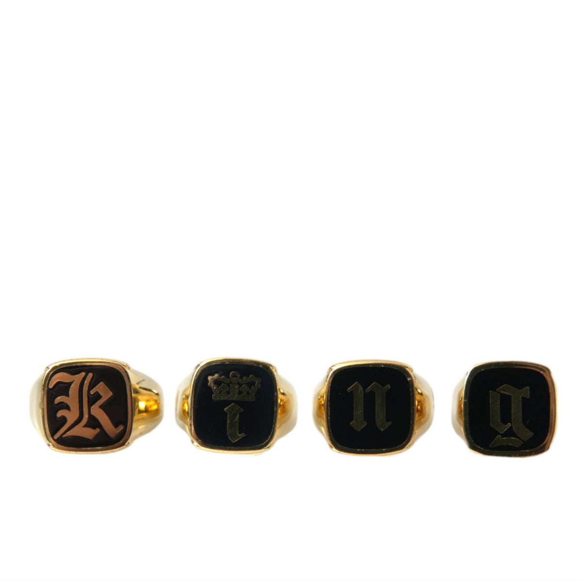 Ensemble de 4 Bagues Signet Dolce & Gabbana "KING Royal Code" en Laiton Doré et Émail Noir