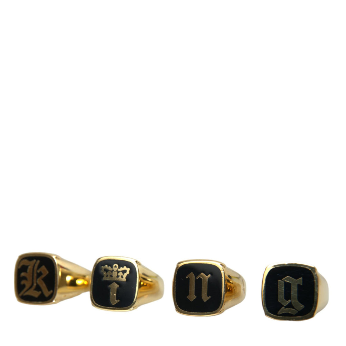 Ensemble de 4 Bagues Signet Dolce & Gabbana "KING Royal Code" en Laiton Doré et Émail Noir