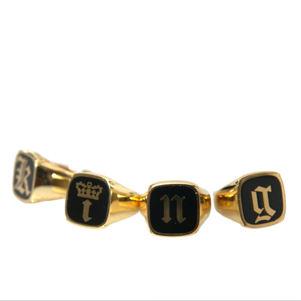 Set of 4 Dolce &amp; Gabbana "KING Royal Code" Signet Rings in Gold-Tone Brass and Black Enamel