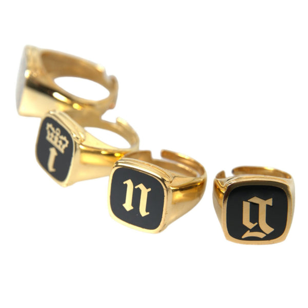 Set of 4 Dolce &amp; Gabbana "KING Royal Code" Signet Rings in Gold-Tone Brass and Black Enamel