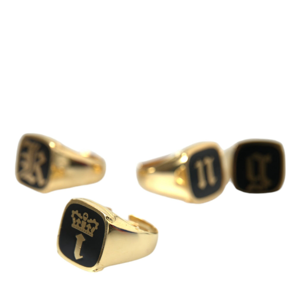 Ensemble de 4 Bagues Signet Dolce & Gabbana "KING Royal Code" en Laiton Doré et Émail Noir