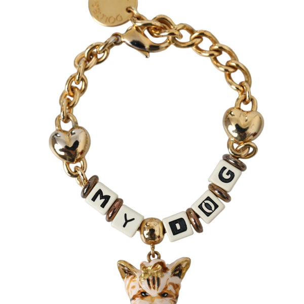 DOLCE & GABBANA : Bracelet Chaîne Dorée "MY DOG" avec Charms Cœurs et Visage de Chien Émaillé