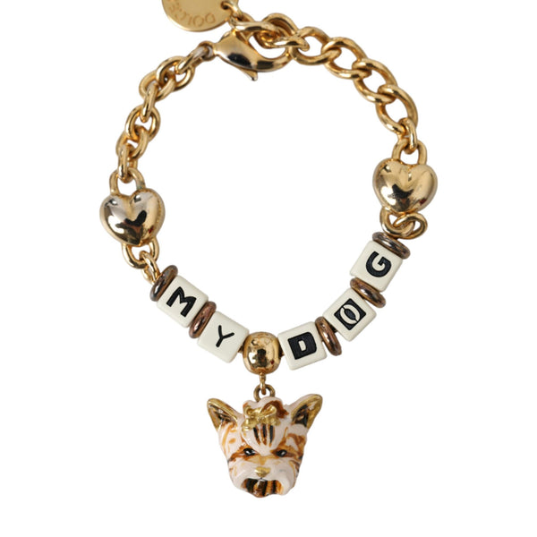 DOLCE &amp; GABBANA: "MY DOG" Gold Chain Bracelet with Heart Charms and Enameled Dog Face