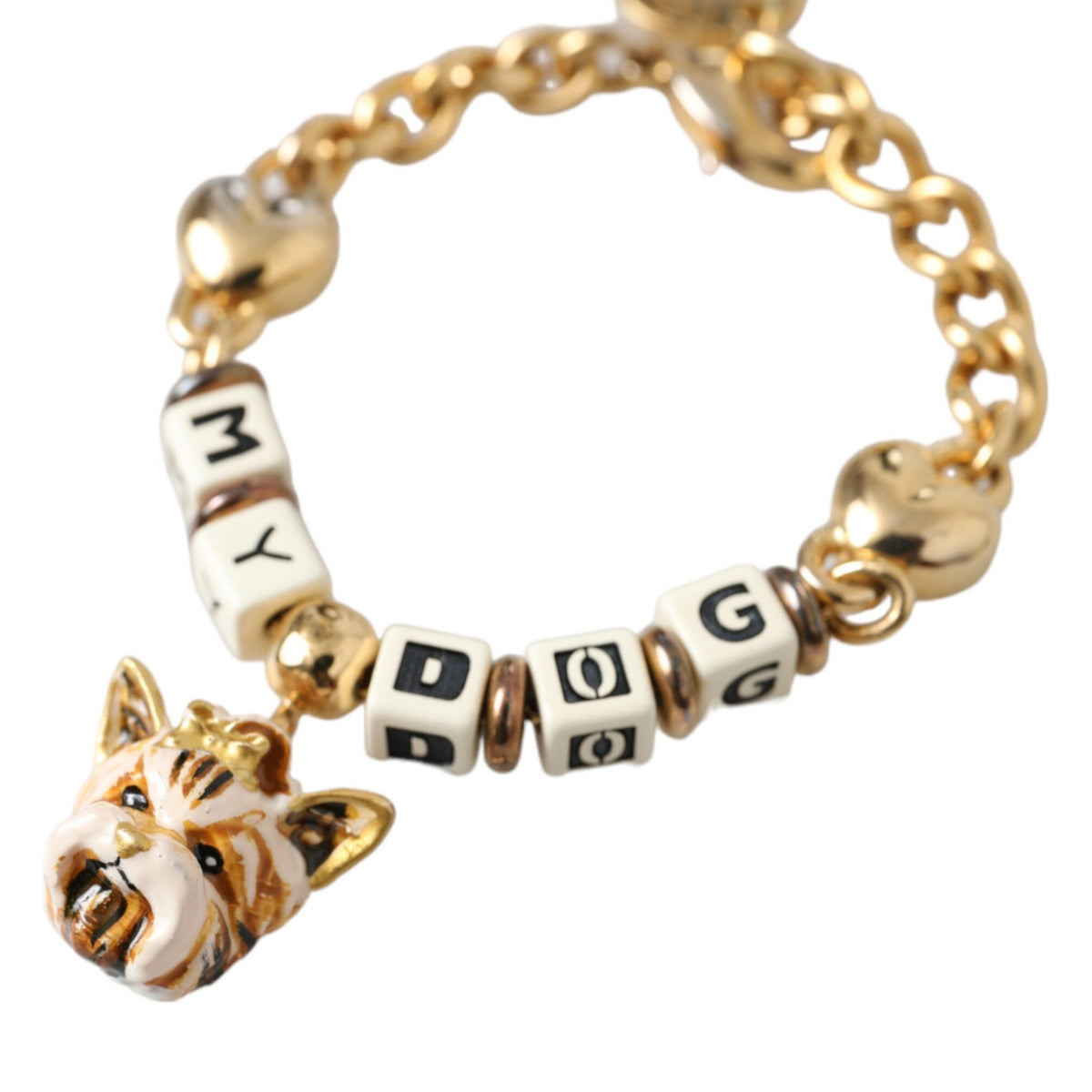 DOLCE & GABBANA : Bracelet Chaîne Dorée "MY DOG" avec Charms Cœurs et Visage de Chien Émaillé