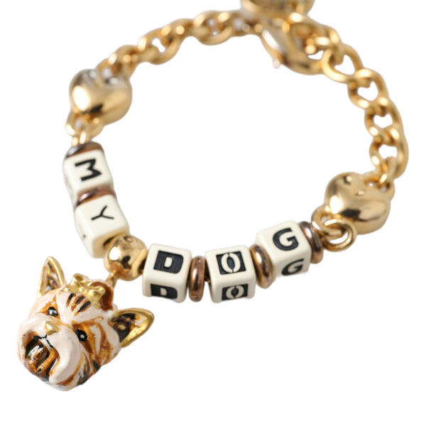 DOLCE & GABBANA : Bracelet Chaîne Dorée "MY DOG" avec Charms Cœurs et Visage de Chien Émaillé