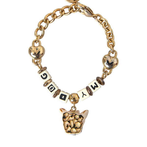 DOLCE &amp; GABBANA: "MY DOG" Gold Chain Bracelet with Heart Charms and Enameled Dog Face