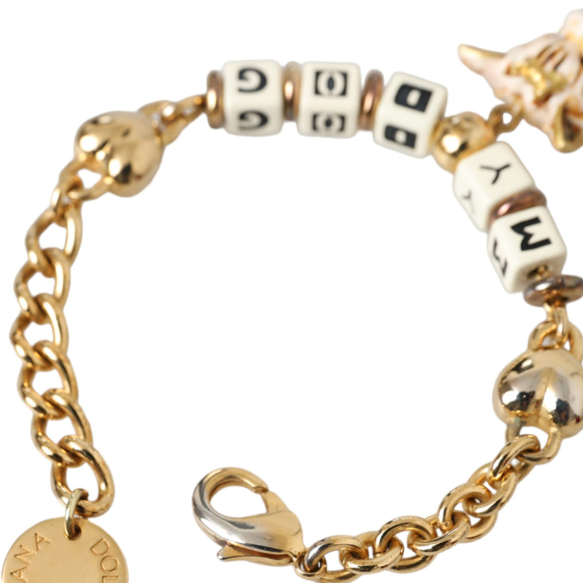DOLCE & GABBANA : Bracelet Chaîne Dorée "MY DOG" avec Charms Cœurs et Visage de Chien Émaillé