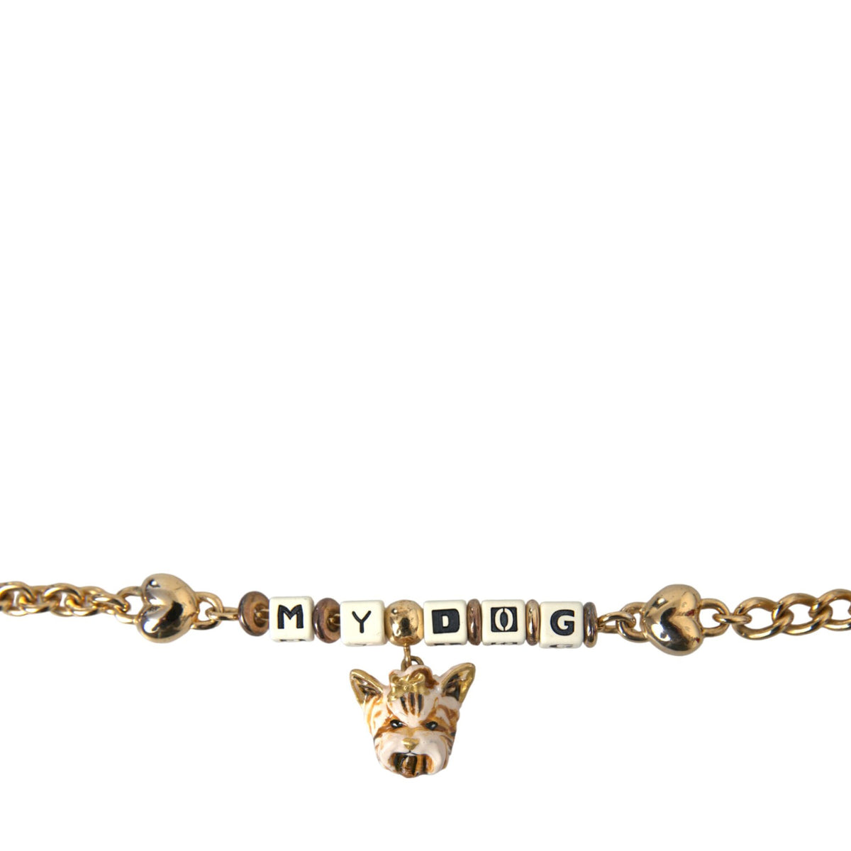 DOLCE & GABBANA : Bracelet Chaîne Dorée "MY DOG" avec Charms Cœurs et Visage de Chien Émaillé
